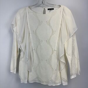 Massimo Dutti Womens Lace Ruffle Blouse Cream White Floral Long Sleeve Top Sz 4